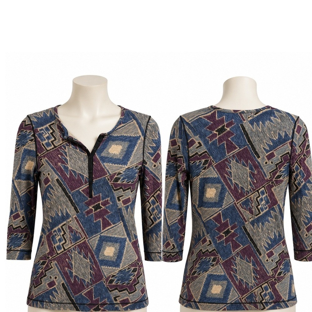 Lauren Ralph Lauren Henley Top Womens S Blue Purple Ikat Southwestern NWT